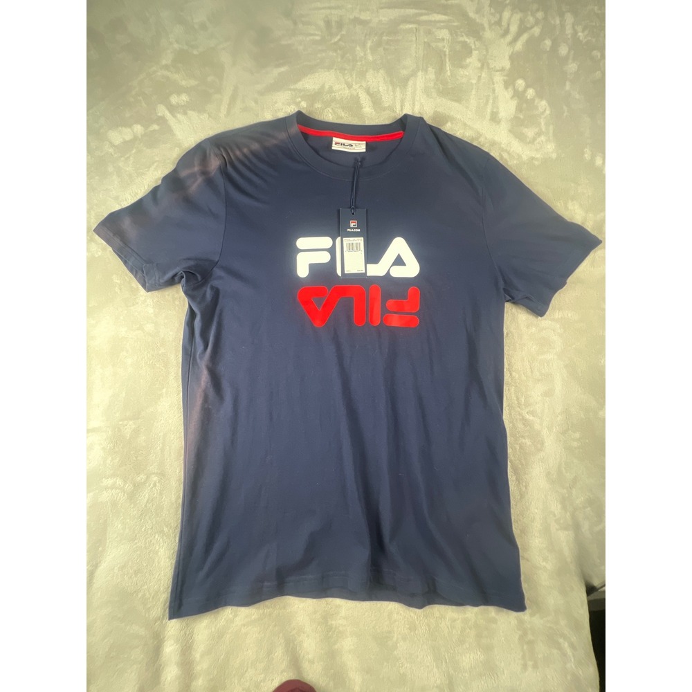 Fila Mens Mirrored Logo Graphic Tee Navy Blue Short Sleeve Shirt L RMS1F330-400